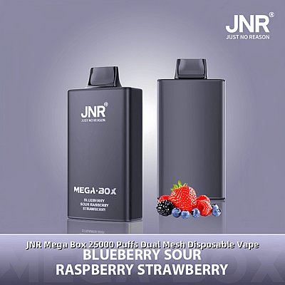 Deux vapes jetables JNR Mega Box élégantes et gris foncé présentées sur un fond dégradé, avec la saveur « Blueberry Sour Raspberry Strawberry » notée et une garniture des baies respectives affichées au premier plan inférieur.