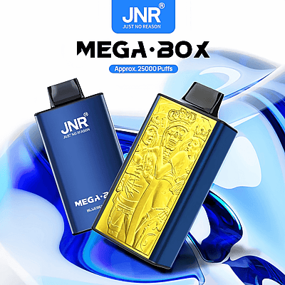 Deux appareils de vapotage JNR Mega Box, l'un présentant un design en relief doré, sont présentés sur un fond bleu dynamique avec des éléments de marque, mentionnant une capacité approximative de 25 000 bouffées.