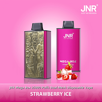 Deux appareils de vapotage jetables JNR Mega Box au goût de glace à la fraise, l'un avec une gravure dorée ornée et l'autre dans un boîtier rose vif, entouré de glaçons et de fraises.
