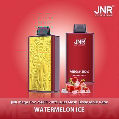 Twee JNR Mega Box wegwerp-vapes met een rood design, met de smaak Watermelon Ice prominent afgebeeld, tegen een rode achtergrond.