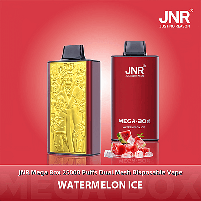 Deux vapes jetables JNR Mega Box au design rouge, mettant en valeur la saveur Watermelon Ice, sur fond rouge.