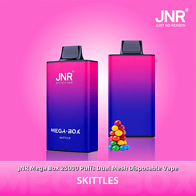 Appareils de vapotage jetables JNR Mega Box présentés dans un design dégradé rose et violet sur un fond rose, avec une pile de bonbons Skittles colorés et une marque de produit mettant l'accent sur « 25000 Puffs Dual Mesh », mettant en valeur la saveur « Skittles ».