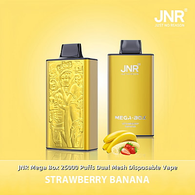 Een promotieafbeelding voor de JNR Mega Box 25000 Puffs Dual Mesh Disposable Vape, met twee gele apparaten met ingewikkelde ontwerpen en een aardbei-bananensmaakthema op een gele achtergrond.