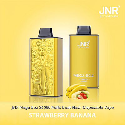 Une image promotionnelle pour la vape jetable JNR Mega Box 25000 Puffs Dual Mesh, comprenant deux appareils jaunes aux motifs complexes et un thème de saveur fraise-banane sur fond jaune.