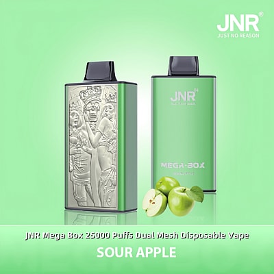 JNR Mega Box wegwerp-vape-apparaat in het groen, met een gegraveerd gedetailleerd ontwerp en het label 'Sour Apple'-smaak met afbeeldingen van groene appels.