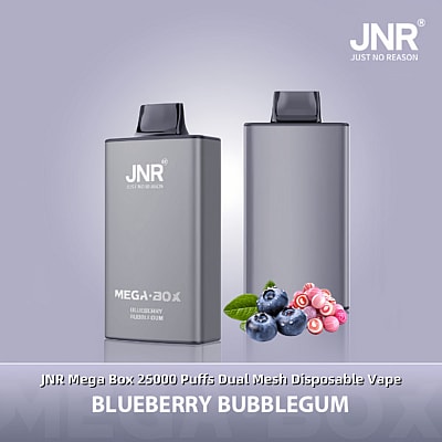 Promotiefoto van de JNR Mega Box wegwerp-vape in de smaak Blueberry Bubblegum, met een strak design naast illustraties van bosbessen en kauwgom op een lichtpaarse achtergrond met kleurverloop.