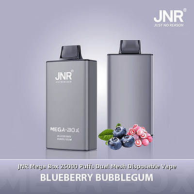 Image promotionnelle de la vape jetable JNR Mega Box au goût Blueberry Bubblegum, présentant son design élégant à côté d'illustrations de myrtilles et de bubblegum sur un fond dégradé violet clair.