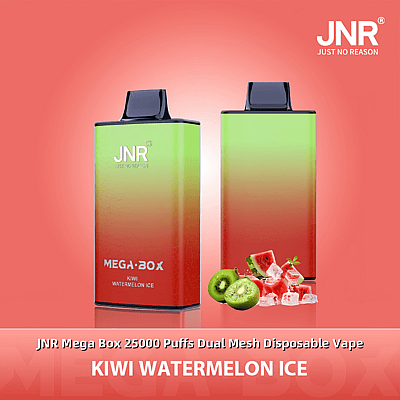 Une image promotionnelle pour la vape jetable JNR Mega Box 25000 Puffs Dual Mesh avec la saveur Kiwi Watermelon Ice, représentée dans un emballage dégradé vert et rouge vibrant avec des images de tranches de kiwi, de morceaux de pastèque et de glaçons, sur un fond rouge.