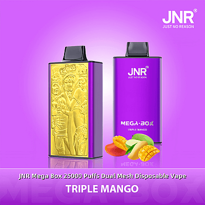 Une image promotionnelle présentant la vape JNR Mega Box Triple Mango avec un design à double maille, comportant un extérieur violet, une décoration en relief doré et des illustrations de fruits de mangue, sur un fond violet.