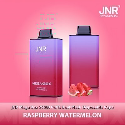 Twee wegwerp-vape-apparaten in paars-roze kleurverloop met het merk 'JNR Mega Box', met de tekst 'Framboos-Watermeloen' als reclame voor de smaak 'Frame Watermelon' en 25.000 trekjes', afgebeeld met plakjes watermeloen en frambozen op een roze achtergrond.