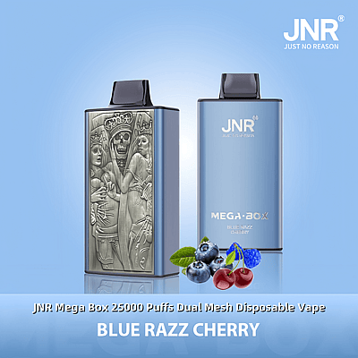 Deux appareils de vape jetables JNR Mega Box sont présentés sur un fond bleu clair, avec un design argenté et la saveur « Blue Razz Cherry » avec des illustrations de myrtilles, de framboises et de cerises en dessous.