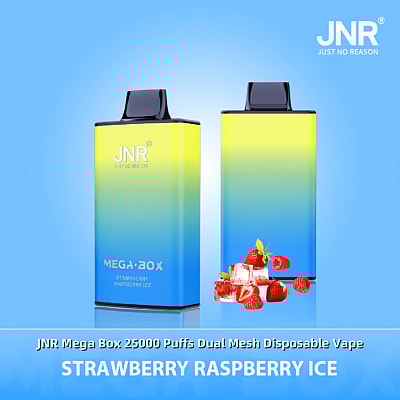 Een productadvertentie voor de JNR Mega Box wegwerp-vape in de smaak Strawberry Raspberry Ice, met het rechthoekige en kleurrijke verloopontwerp van het apparaat naast aardbeien, frambozen en ijsblokjes op een blauwe achtergrond.