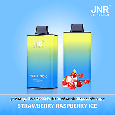 Une publicité pour le produit JNR Mega Box vape jetable au goût Strawberry Raspberry Ice, mettant en vedette le design rectangulaire et coloré en dégradé de l'appareil aux côtés de fraises, de framboises et de glaçons sur un fond bleu.