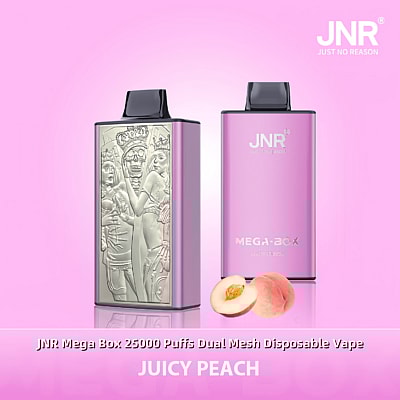 Twee roze JNR Mega Box wegwerp-vapes tegen een roze achtergrond, waarvan er één een reliëfdecoratief paneel heeft en de andere de merknaam en smaak van het product, "Juicy Peach", laat zien, samen met een afbeelding van een gesneden perzik.