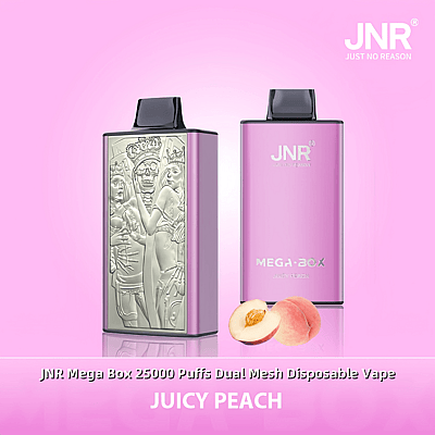 Deux vapes jetables JNR Mega Box roses présentées sur un fond rose, l'une comportant un panneau décoratif en relief et l'autre présentant la marque et la saveur du produit, « Juicy Peach », à côté d'une image d'une pêche tranchée.
