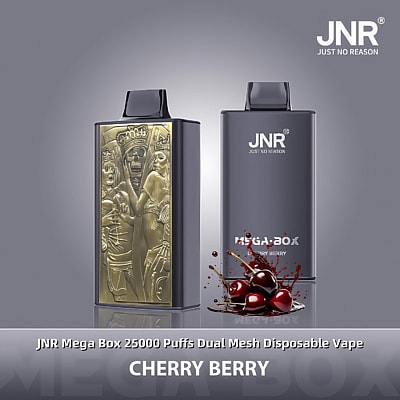 Een promotionele afbeelding van een JNR Mega Box 25000 Puffs Disposable Vape met Cherry Berry-smaak. Het product heeft een strak design, met één apparaat gemarkeerd door sierlijke gouden gravure en de andere met het JNR-logo, vergezeld door een afbeelding van rijpe kersen en sapspatten.