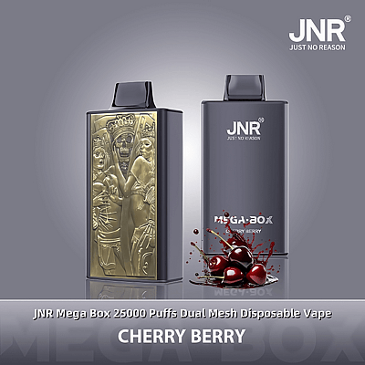Image promotionnelle d'une vape jetable JNR Mega Box 25000 Puffs au goût de cerise et de baies. Le produit présente un design élégant, avec un appareil mis en valeur par une gravure dorée ornée et l'autre affichant le logo JNR, accompagné d'une image de cerises mûres et d'éclaboussures de jus.