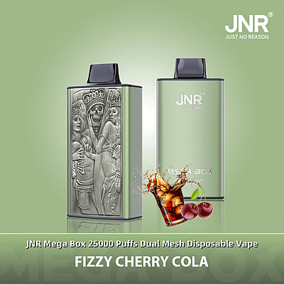 Deux appareils de vapotage jetables de la marque JNR Mega Box sont présentés sur un fond vert, l'un présentant un motif argenté gravé et l'autre une finition lisse ; en dessous se trouve le texte « Fizzy Cherry Cola » accompagné d'une image de cerises et d'un verre de cola.