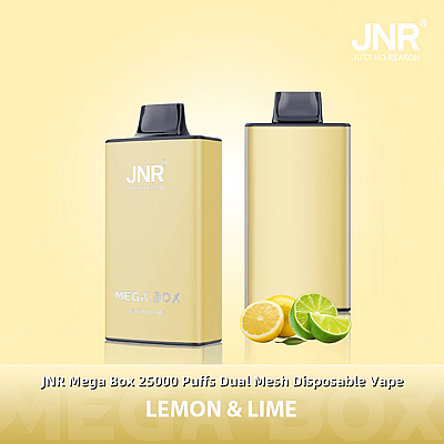 Cigarette électronique jetable JNR Mega Box au goût citron et citron vert, avec un design rectangulaire élégant sur fond jaune, avec des images d'un citron et d'un citron vert à proximité.
