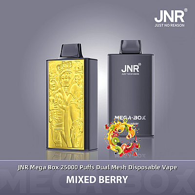 Une image promotionnelle de la vape jetable JNR Mega Box Mixed Berry avec un panneau latéral en relief doré et un design noir élégant, ainsi qu'un texte faisant la publicité de la fonction de double maille de 25 000 bouffées.