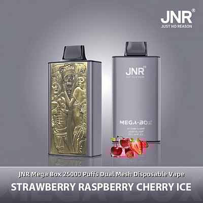 Een promotiefoto van twee JNR Mega Box 25000 puffs dual mesh wegwerp-vape-apparaten met de smaken aardbei, framboos en kersenijs.