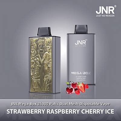 Une image promotionnelle présentant deux appareils à vapotage jetables à double maille JNR Mega Box 25000 bouffées avec des saveurs de fraise, de framboise et de glace à la cerise.