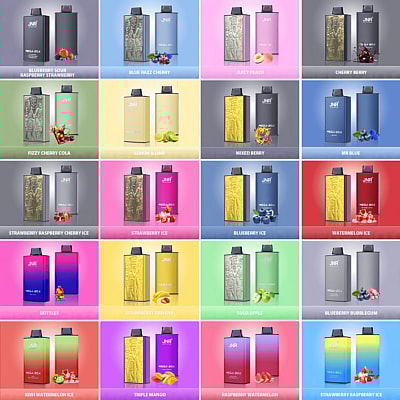 Een rasterweergave met verschillende smaken vape-producten, elk gelabeld met smaaknamen en weergegeven tegen een kleurrijke achtergrond.