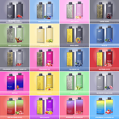 Un présentoir en grille présentant plusieurs produits de vapotage aromatisés, chacun étiqueté avec des noms de saveur et affiché sur des arrière-plans colorés.