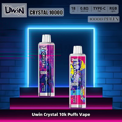Imagen promocional que muestra dos coloridos dispositivos de vapeo desechables Uwin Crystal 10000 con capacidad para 10 000 bocanadas cada uno, sobre un fondo degradado iluminado con neón.