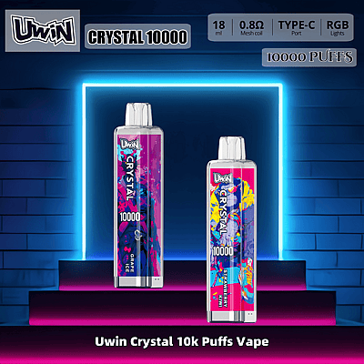 Imagem promocional mostrando dois dispositivos descartáveis de vaporização Uwin Crystal 10000 coloridos, com capacidade para 10.000 tragadas cada, em um fundo gradiente iluminado por neon.