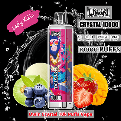Imagem promocional do dispositivo de vaporização Uwin Crystal 10000 puffs exibindo seus sabores frutados como mirtilo, morango, manga e kiwi, com detalhes da marca e especificações como luzes RGB e uma porta de carregamento Tipo C.