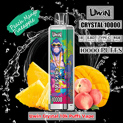 Imagem promocional do vaporizador Uwin Crystal 10000, destacando sua capacidade de 10.000 tragadas com sabores de pêssego, manga e abacaxi, cercado por imagens de frutas e gráficos de respingos de água.