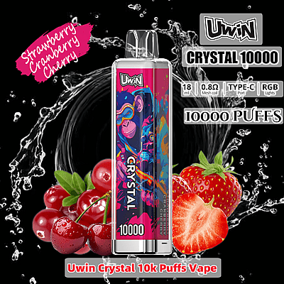 Imagem promocional mostrando o dispositivo de vaporização Uwin Crystal 10000 com sabor de morango, cranberry e cereja, com um design colorido e especificações como capacidade de 18 ml e iluminação RGB.