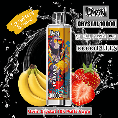 Imagem promocional do vaporizador Uwin Crystal 10000, apresentando um design colorido com uma ilustração de gorila e destacando o sabor de morango e banana, além de especificações do produto, como capacidade de líquido de 18 ml e 10.000 tragadas.