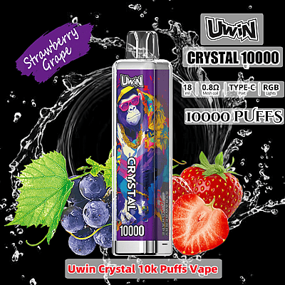 Vaporizador Uwin Crystal de 10.000 baforadas com sabor de morango e uva, com embalagem vibrante com design de gorila, cercada por imagens de morangos, uvas e líquido preto espirrando.