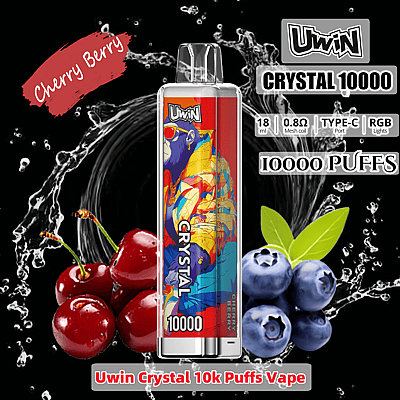 Imagem promocional mostrando o vaporizador Uwin Crystal 10000 com sabor Cherry Berry, ilustrado com gráficos de cerejas e mirtilos sobre um fundo escuro e aquoso.