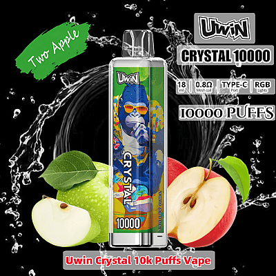 Imagem promocional do vaporizador Uwin Crystal 10000 no sabor Two Apple, com um design de maçã verde e vermelha com texto destacando 10.000 tragadas e várias especificações técnicas.