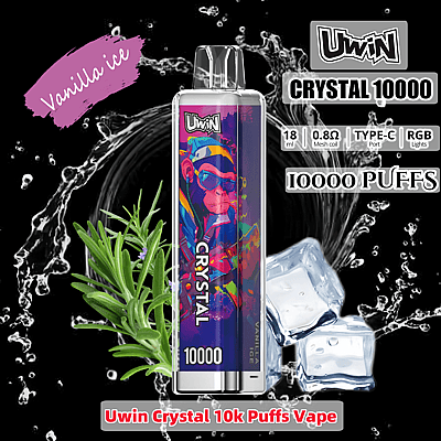 Uma imagem promocional do dispositivo de vaporização Uwin Crystal 10000, com um design colorido, um rótulo com sabor de sorvete de baunilha e especificações como capacidade de líquido de 18 ml, bobina de malha de 0,8 ohm e luzes RGB, com cubos de gelo e ervas como elementos visuais.