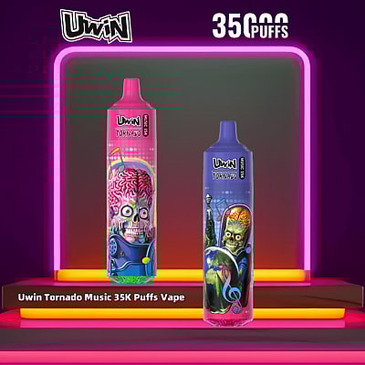 Uwin Tornado Music 35K Puffs Vape-apparaten met kleurrijke, door sciencefiction geïnspireerde ontwerpen van buitenaardse figuren met muzikale thema's, afgebeeld tegen een levendige neonachtergrond.