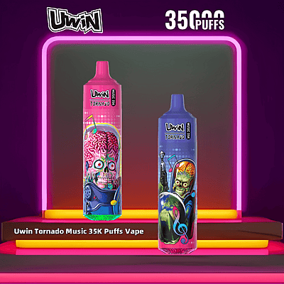 Uwin Tornado Music 35K Puffs Vape-apparaten met kleurrijke, door sciencefiction geïnspireerde ontwerpen van buitenaardse figuren met muzikale thema's, afgebeeld tegen een levendige neonachtergrond.
