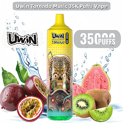 Een Uwin Tornado Music 35K Puffs vape-apparaat met een retro-stijl schedelontwerp omringd door vers fruit zoals guave, kiwi en passievrucht, vergezeld door fanfare-afbeeldingen zoals muzieknoten en spetterende watereffecten.