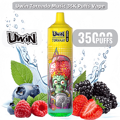 Promotiefoto voor de Uwin Tornado Music 35K Puffs Vape met een kleurrijk vape-apparaat met een zombie-thema, omringd door waterspatten, bosbessen, frambozen, aardbeien, bramen en muntblaadjes, wat de levendige en speelse branding benadrukt.