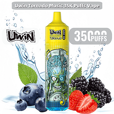 Uwin Tornado Music 35K Puffs Vape heeft een kleurrijk ontwerp met een gestileerde afbeelding van hersenen, omringd door waterspatten en bessen zoals bosbessen, bramen en aardbeien.