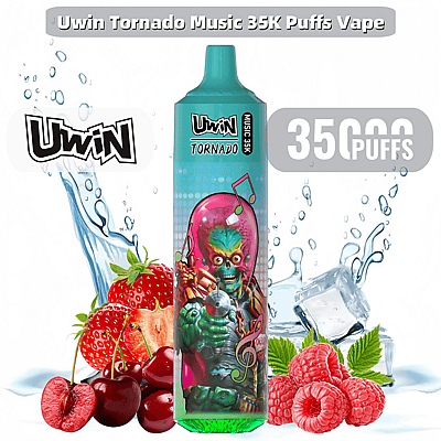 Promotiefoto van de Uwin Tornado Music 35K Puffs Vape, met levendige grafische kunst op het vape-apparaat, omringd door fruit zoals aardbeien, kersen en frambozen op een achtergrond met waterspatten en ijsblokjes, wat de smaak en versheid benadrukt.