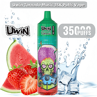 Uwin Tornado Music 35K Puffs Vape heeft een kleurrijk ontwerp met een groene en paarse alien-achtige schedel en achtergrondafbeeldingen, weergegeven naast afbeeldingen van watermeloenschijfjes, aardbeien en ijsblokjes, wat de fruitige en verfrissende thema's van het product benadrukt.