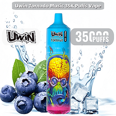 Een kleurrijk vape-apparaat met het merk 'Uwin Tornado Music 35K', omringd door verse bosbessen, ijsblokjes en waterspatten, wat het smaakthema benadrukt.
