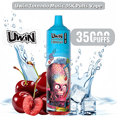 Promotiefoto van de Uwin Tornado Music 35K Puffs Vape met een kleurrijk ontwerp met kersen, ijsblokjes en muzieknoten, waarmee de capaciteit van 35.000 trekjes wordt benadrukt.