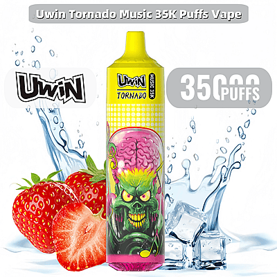 Promotie-afbeelding voor de Uwin Tornado Music 35K Puffs Vape, met een kleurrijk vape-ontwerp met cartoonachtige buitenaardse illustraties, omringd door aardbeien, waterspatten en ijsblokjes, wat de smaak en versheid benadrukt.