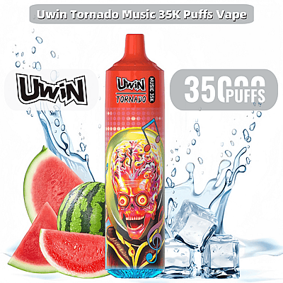 Een kleurrijk Uwin Tornado Music 35K Puffs vape-apparaat wordt tentoongesteld naast levendige afbeeldingen van watermeloenschijfjes en ijsblokjes, wat een verfrissend smaakthema benadrukt.