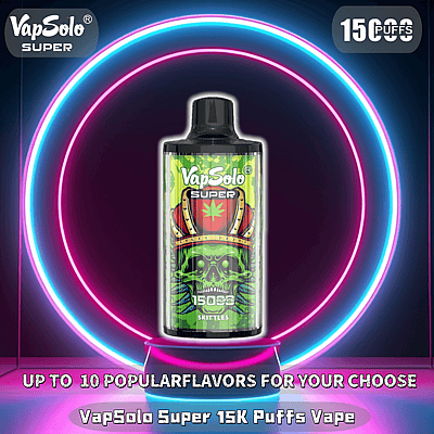 Imagen promocional de un dispositivo de vapeo VapSolo Super con 15.000 bocanadas en el sabor Skittles, rodeado de anillos de neón y con la marca del producto.